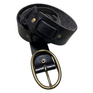 Talbots vintage black leather 1.5” wide boho oval brass buckle belt